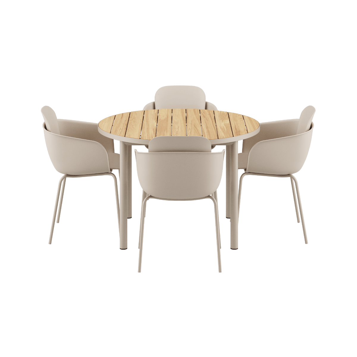 Runder Kirra Dining Table Ø110 in Taupe mit 4 Patio Chair No. One S2 Stühlen in Taupe | Kirra Dining Table Ø110 Taupe & 4 Patio Chair No. One - Patio Chair no. One S2 | SACKit