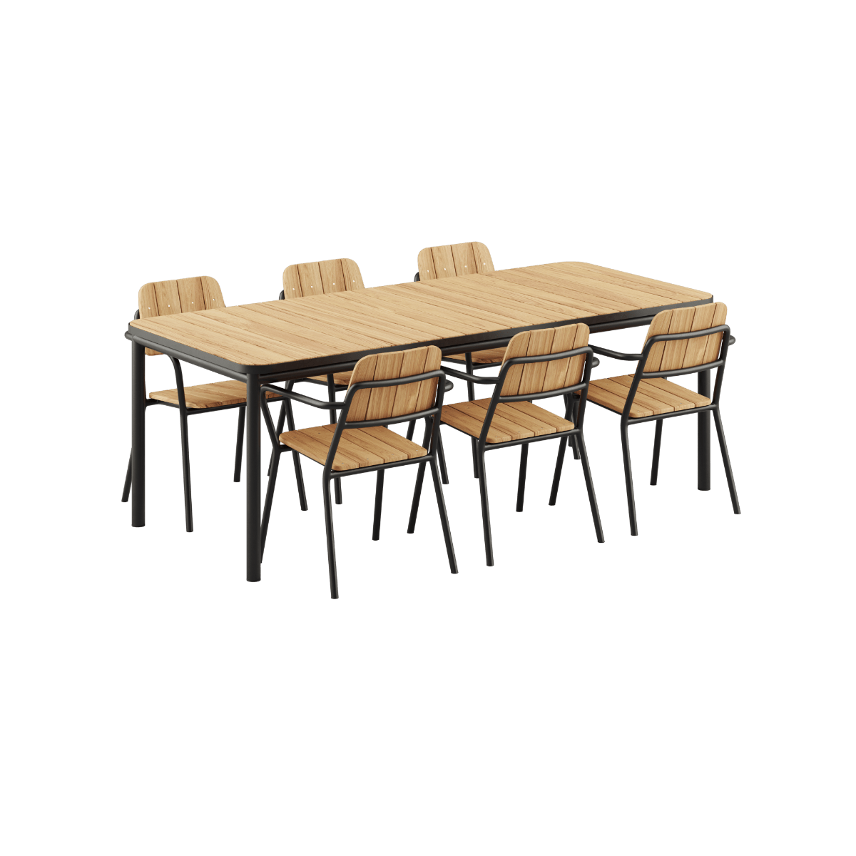 Kirra Dining Table 210x90 und 6 Kirra Patio Chairs in Noir, pulverbeschichtetes Aluminium und Teakholz. | Kirra Dining Table & 6 Kirra Patio Chair - Noir | SACKit