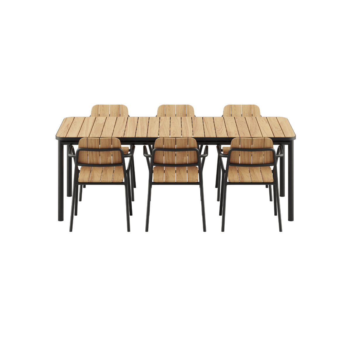 Kirra Dining Table 210x90 und 6 Kirra Patio Chairs in Noir mit Aluminium - und Teakholzrahmen. | Kirra Dining Table & 6 Kirra Patio Chair - Noir | SACKit