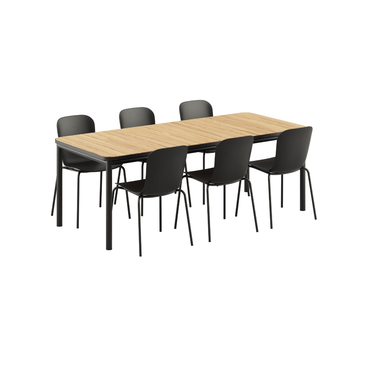 Kirra Dining Table 210x90 mit schwarzem Patio Chair no. One S1 in Noir/Noir, Outdoor - Set aus Aluminium und Teakholz | Kirra Dining Table Noir & 6 Patio Chair no. One - Patio Chair no. One S1 Noir/ Noir | SACKit