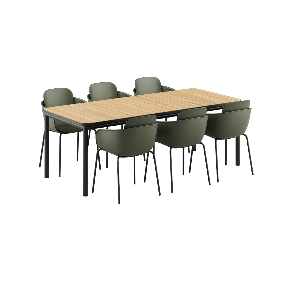 Kirra Dining Table 210x90 mit sechs Patio Chair no. One S2 Stühlen in Olive und Noir, Outdoor - Set aus Aluminium und Teakholz. | Kirra Dining Table Noir & 6 Patio Chair no. One - Patio Chair no. One S2 Olive/ Noir | SACKit