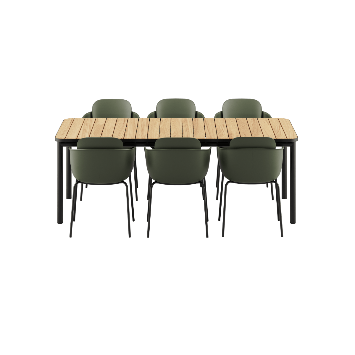 Kirra Dining Table Noir mit sechs Patio Chair no. One S2 Stühlen in Olive und Noir, Outdoor - Set aus Aluminium und Teakholz. | Kirra Dining Table Noir & 6 Patio Chair no. One - Patio Chair no. One S2 Olive/ Noir | SACKit