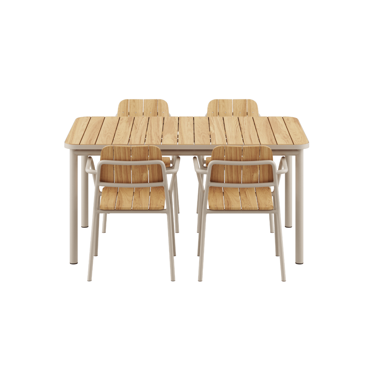 Kirra Dining Table 150x90 mit vier taupefarbenen Patio Chair no. One S2 Stühlen aus Aluminium und Teakholz | Kirra Dining Table & 4 Kirra Patio Chair - Noir | SACKit