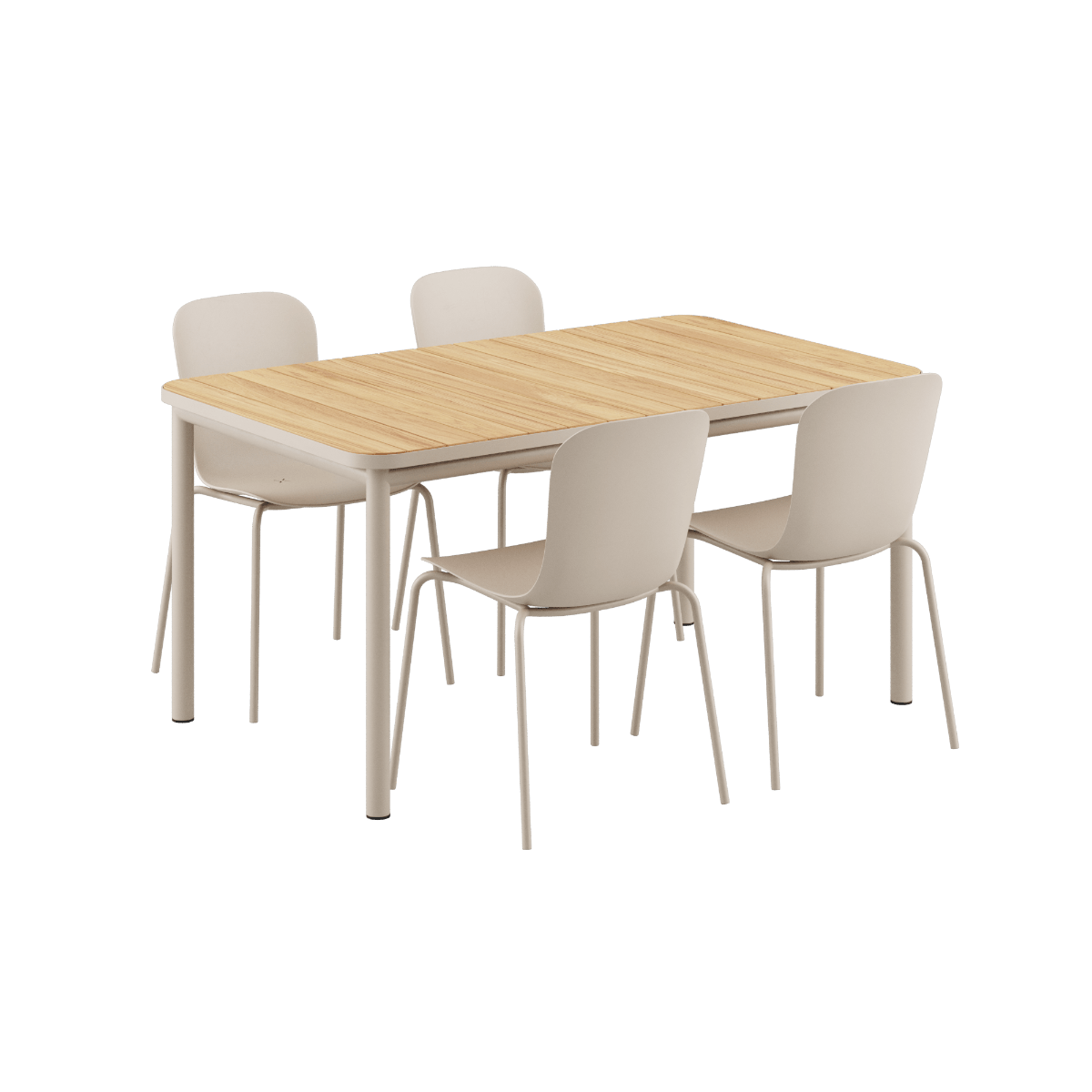 Kirra Dining Table 150x90 mit vier taupefarbenen Patio Chair no. One S2 Stühlen aus Aluminium und Teakholz. | Kirra Dining Table Taupe & 4 Patio Chair no. One - Patio Chair no. One S1 | SACKit