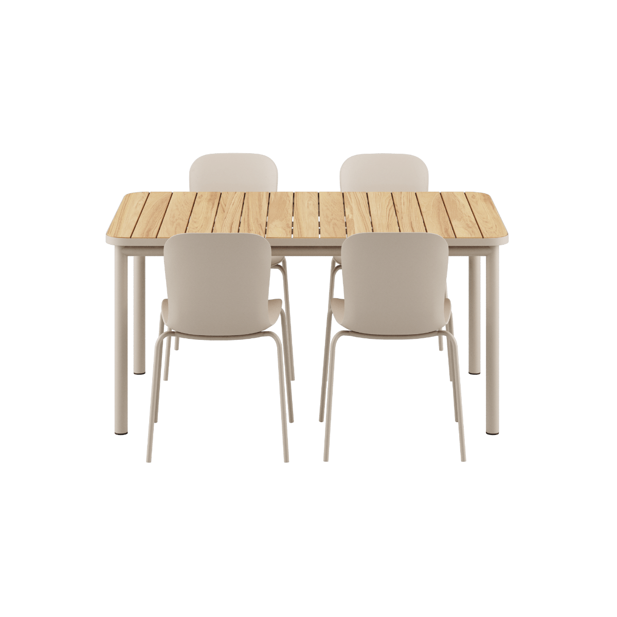 Kirra Dining Table 150x90 mit vier taupefarbenen Patio Chair no. One S2 Stühlen aus Aluminium und Teakholz | Kirra Dining Table Taupe & 4 Patio Chair no. One - Patio Chair no. One S1 | SACKit