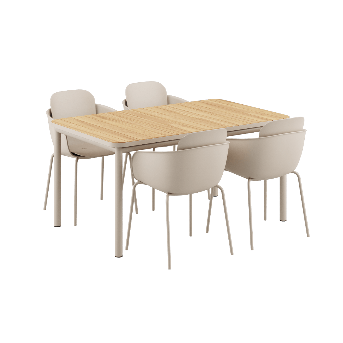 Kirra Dining Table 150x90 mit vier taupefarbenen Patio Chair no. One S2 Stühlen aus Aluminium und Teakholz. | Kirra Dining Table Taupe & 4 Patio Chair no. One - Patio Chair no. One S2 | SACKit