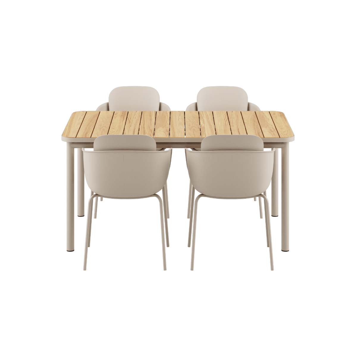 Kirra Dining Table 150x90 mit vier taupefarbenen Patio Chair no. One S2 Stühlen aus Aluminium und Teakholz. | Kirra Dining Table Taupe & 4 Patio Chair no. One - Patio Chair no. One S2 | SACKit