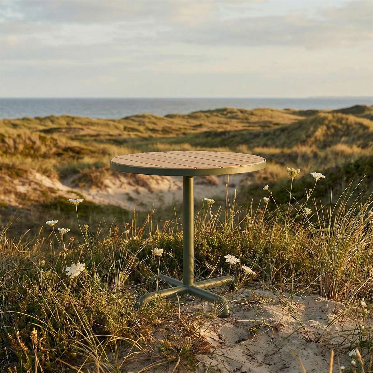 Kirra Café Table aus pulverbeschichtetem Aluminium und Teakholz in Taupe, runder Outdoor - Tisch. | Kirra Café Table - Noir | SACKit