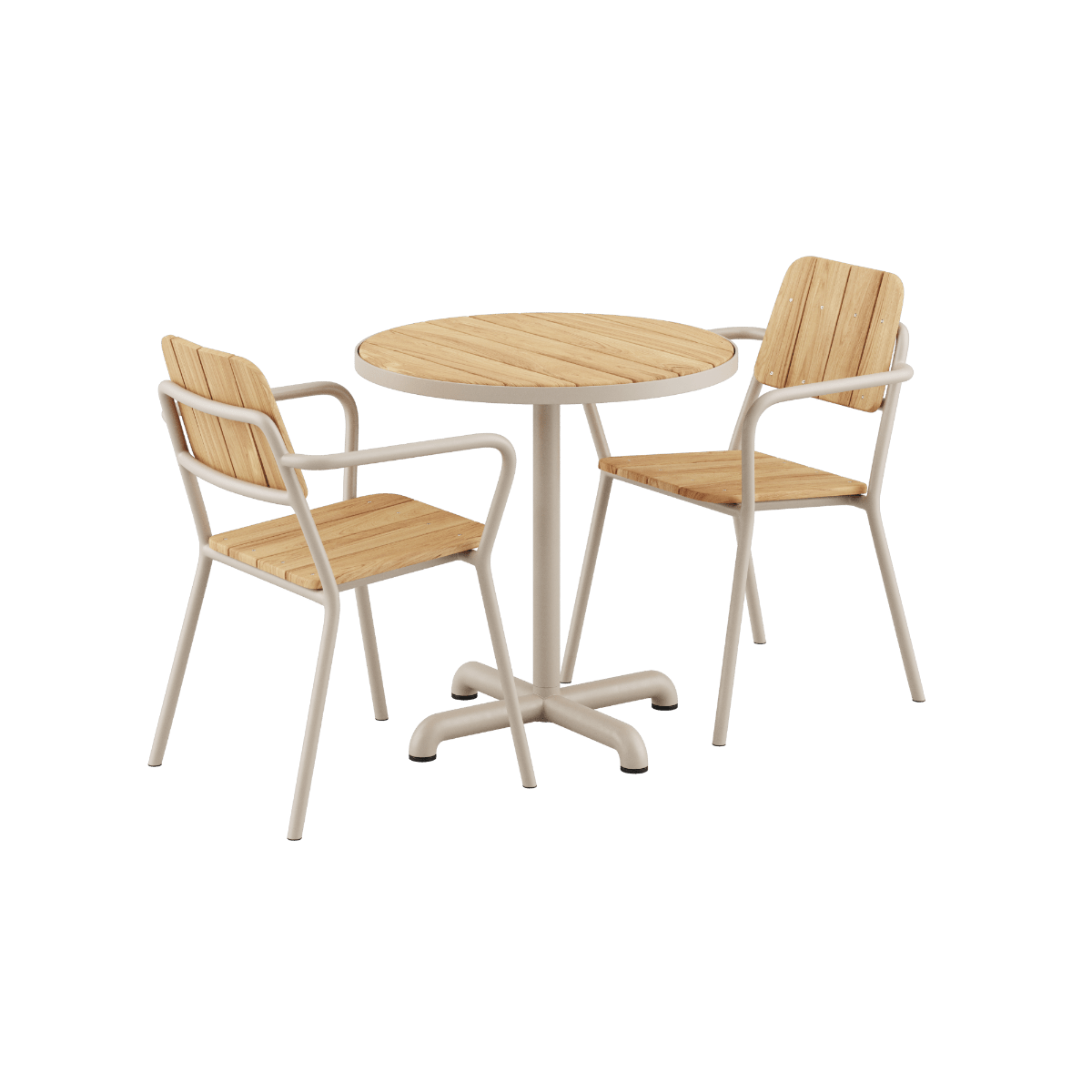 Kirra Café Table und 2 Kirra Patio Chairs in taupe, runder Tisch aus Teakholz und Aluminium, Outdoor - Set | Kirra Cafe Table & 2 Kirra Patio Chair - Taupe | SACKit