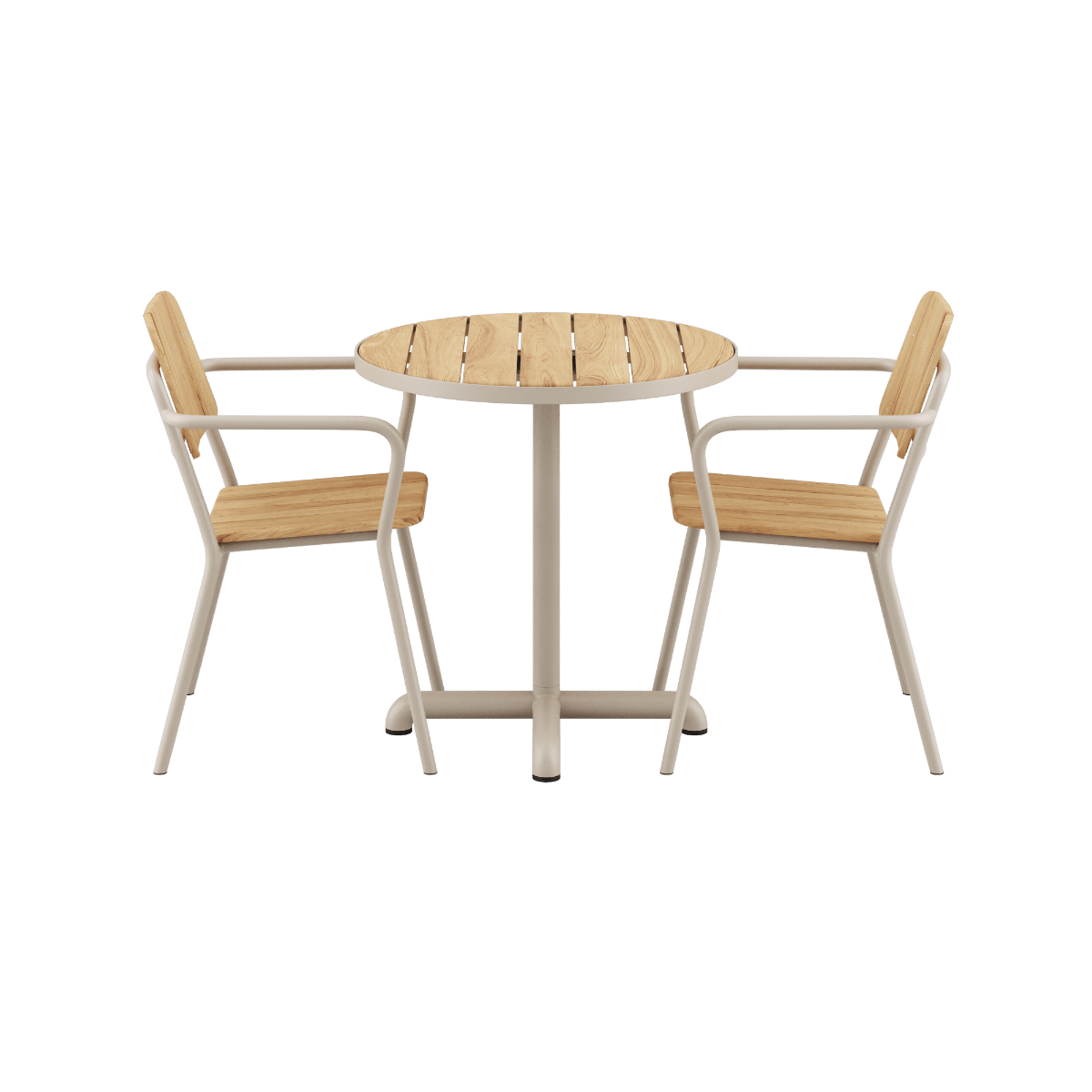 Kirra Café Table und 2 Kirra Patio Chairs in taupe mit Aluminium und FSC - zertifiziertem Teakholz. | Kirra Cafe Table & 2 Kirra Patio Chair - Taupe | SACKit