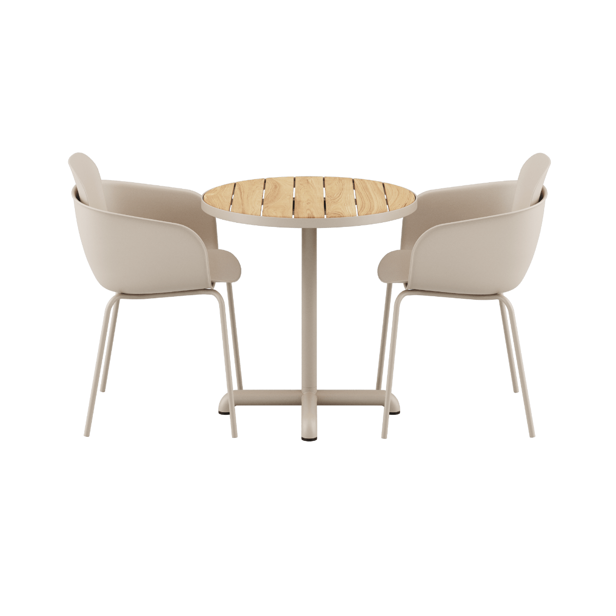 Kirra Café Table Taupe mit 2 Patio Chair no. One S2 in Taupe, runder Tisch und stapelbare Stühle aus Aluminium und Polypropylen. | Kirra Cafe Table Taupe & 2 Patio Chair No. One - Patio Chair no. One S2 | SACKit