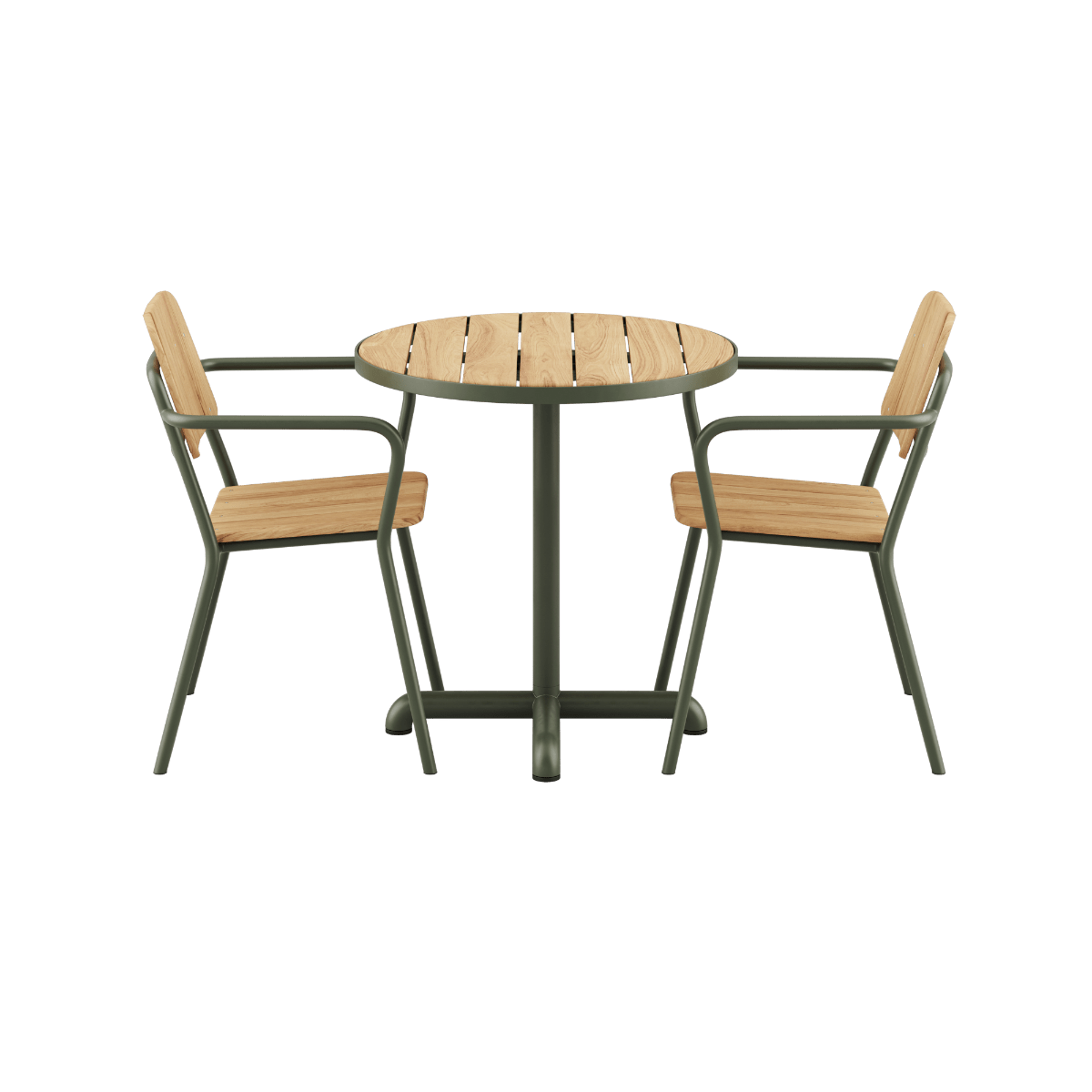 Kirra Cafe Table und 2 Kirra Patio Chairs in Olive, runder Tisch aus Teakholz mit Aluminiumrahmen. | Kirra Cafe Table & 2 Kirra Patio Chair - Olive | SACKit