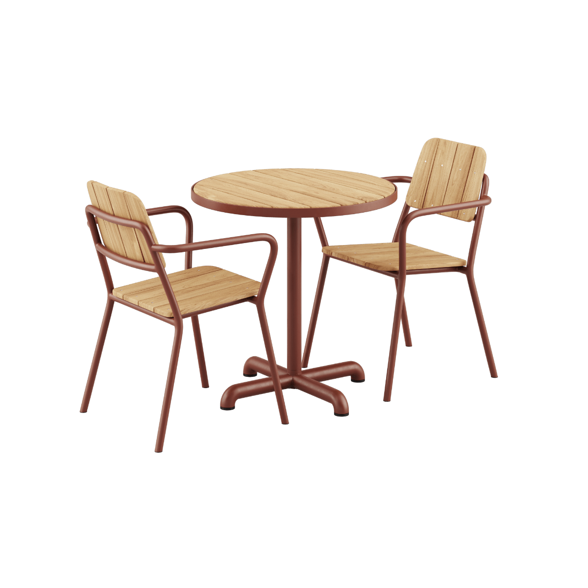 Kirra Cafe Table und 2 Kirra Patio Chairs in Chestnut mit pulverbeschichtetem Aluminium und FSC - Teakholz. | Kirra Cafe Table & 2 Kirra Patio Chair - Chestnut | SACKit