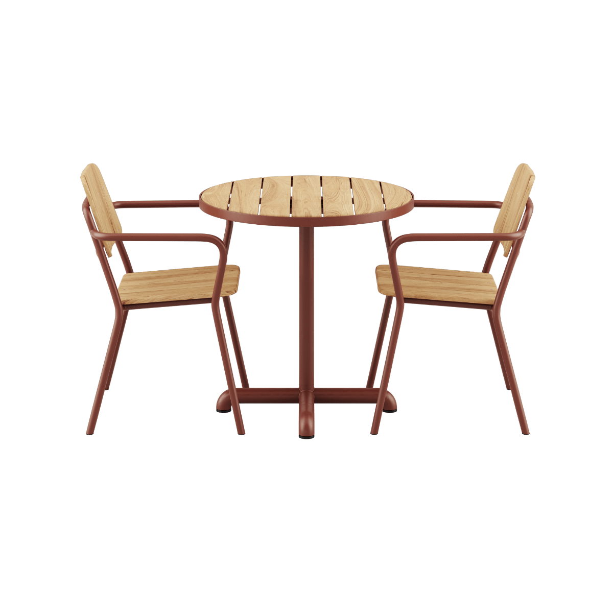 Kirra Café Table und 2 Kirra Patio Chairs in Chestnut aus Aluminium und FSC - zertifiziertem Teakholz. | Kirra Cafe Table & 2 Kirra Patio Chair - Chestnut | SACKit