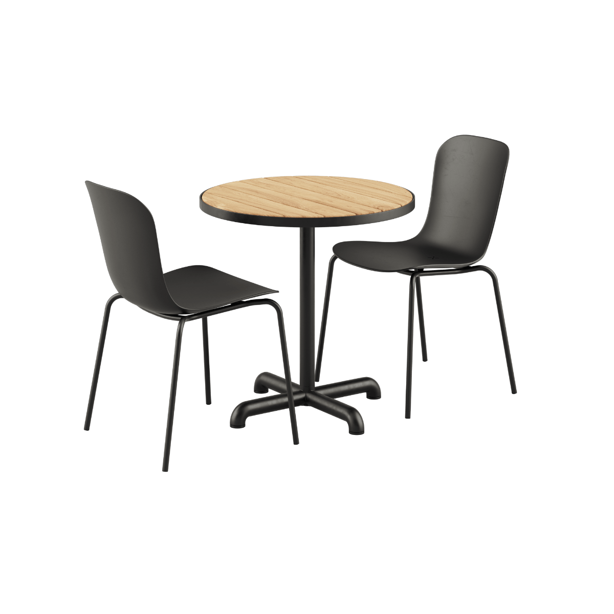 Runder Kirra Café Tisch aus Teakholz mit zwei schwarzen Patio Chair no. One S1 Stühlen aus Polypropylen und Stahl. | Kirra Cafe Table Noir & 2 Patio Chair No. One - Patio Chair no. One S1 Noir/ Noir | SACKit