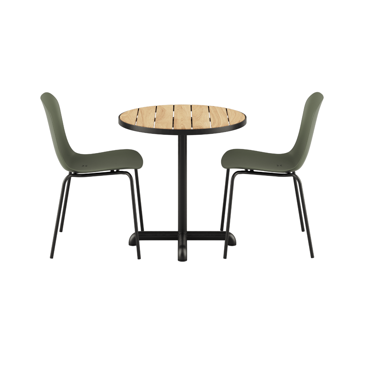 Runder Kirra Café Tisch Noir mit zwei Patio Chair no. One S2 Stühlen in Olive und Noir | Kirra Cafe Table Noir & 2 Patio Chair No. One - Patio Chair no. One S1 Olive/ Noir | SACKit