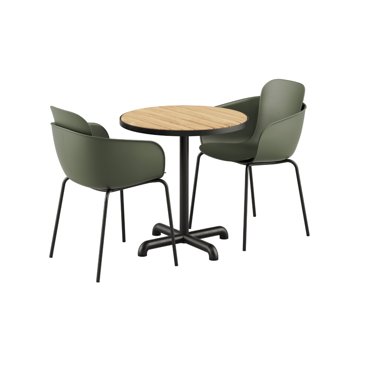 Runder Kirra Café Tisch Noir mit zwei Patio Chair no. One S2 Stühlen in Olive und Noir, Outdoor - Set | Kirra Cafe Table Noir & 2 Patio Chair No. One - Patio Chair no. One S2 Olive/ Noir | SACKit