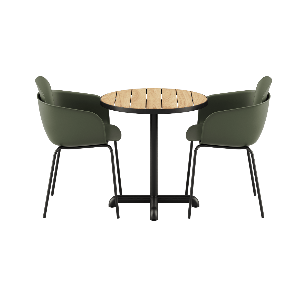 Runder Kirra Café Tisch Noir mit zwei Patio Chair no. One S2 Stühlen in Olive und Noir, Outdoor - Set. | Kirra Cafe Table Noir & 2 Patio Chair No. One - Patio Chair no. One S2 Olive/ Noir | SACKit