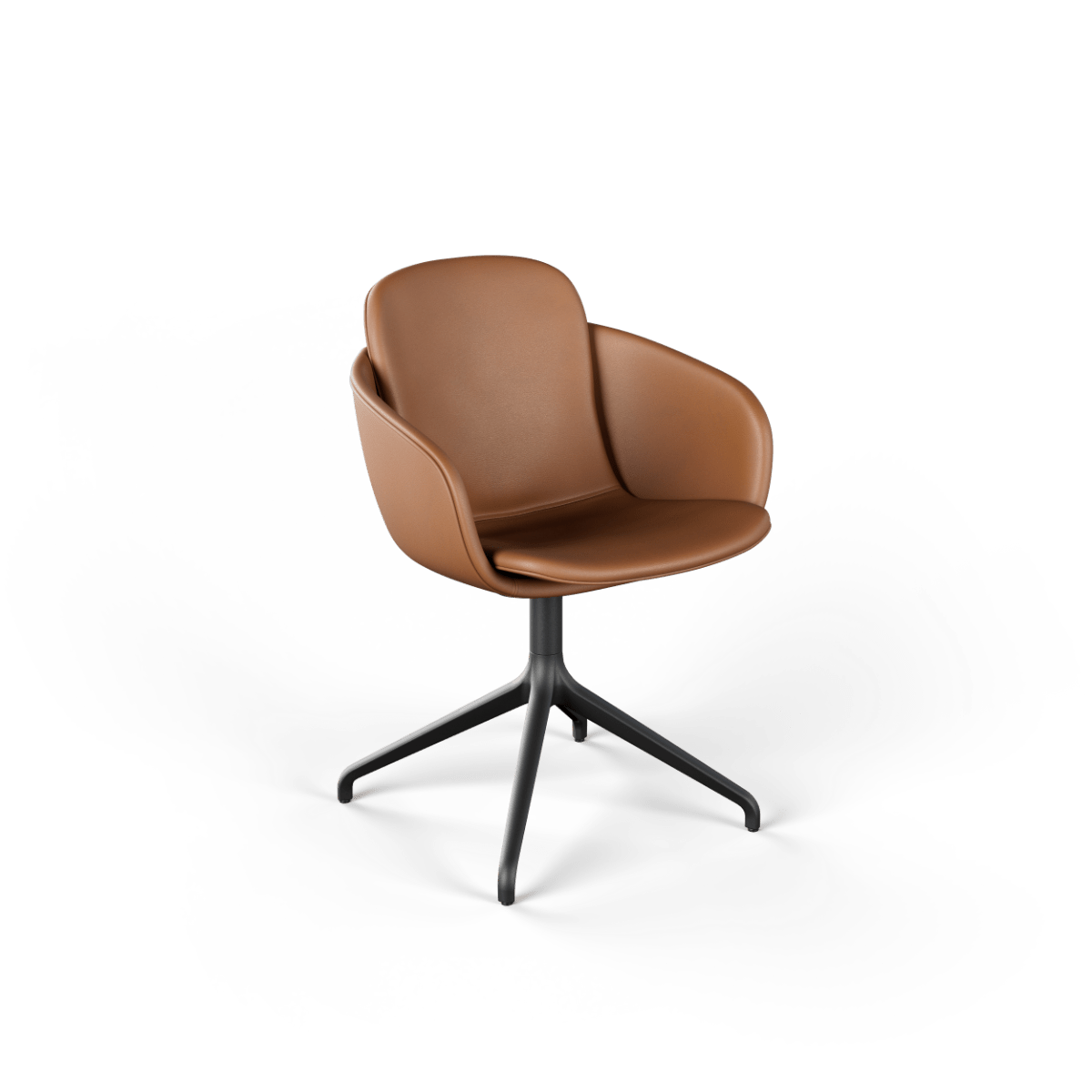 Schwarzer Chair no. One S2 mit drehbarem Aluminiumfuß und Terra Safari Lederpolsterung, Rückholfunktion sichtbar. | Chair no. One S2 Black Swivel - Terra Safari Mit Rückholfunktion | SACKit