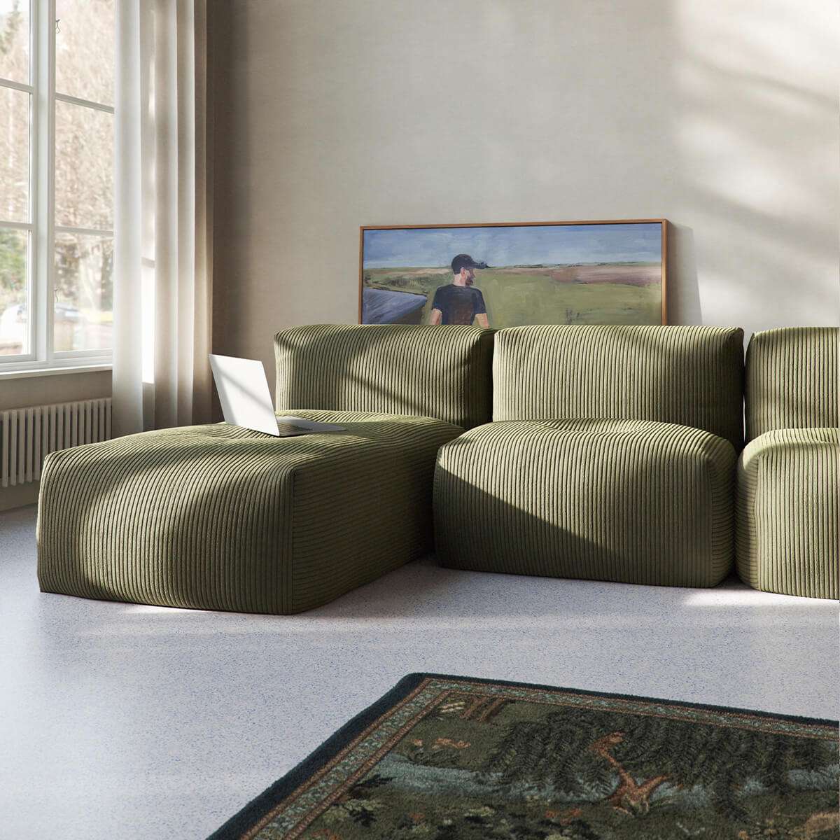 Soft Sofa Indoor - 3 Seater w/ Lounger | Soft Sofa Indoor - 3 Seater w/ Lounger - Corduroy Olive | SACKit