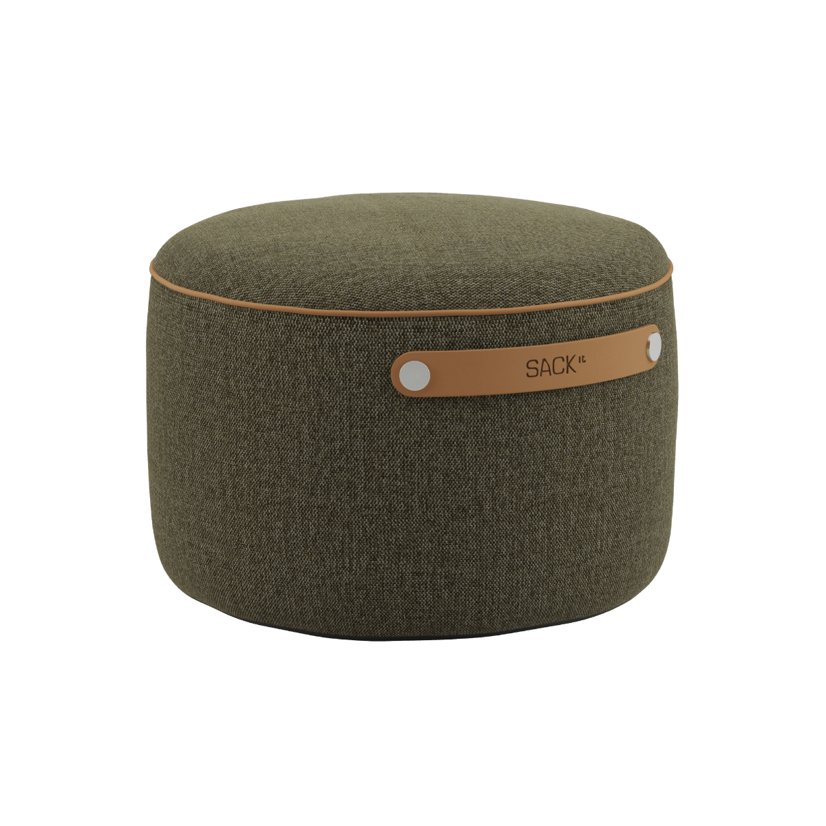 SACKit Pouf Indoor in Cosmo Olive mit runder Form und weicher Kaltschaumfüllung auf weißem Hintergrund. | SACKit Pouf Indoor - Cosmo Olive | SACKit
