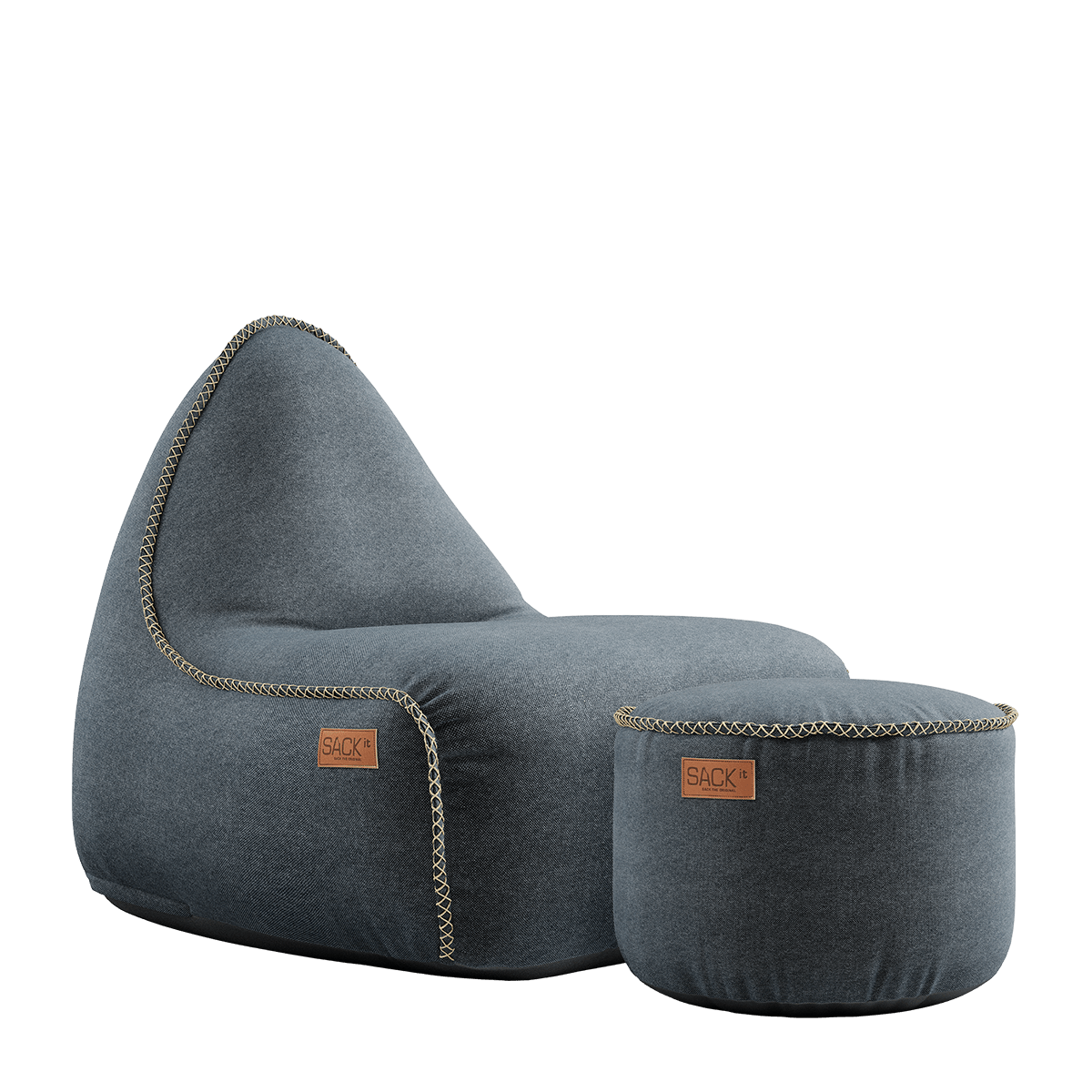 Canvas Lounge Chair und Pouf in petrolfarbenem Canvas mit handgenähten Stichen auf weißem Hintergrund | Canvas Lounge Chair & Pouf - Canvas Petrol | SACKit