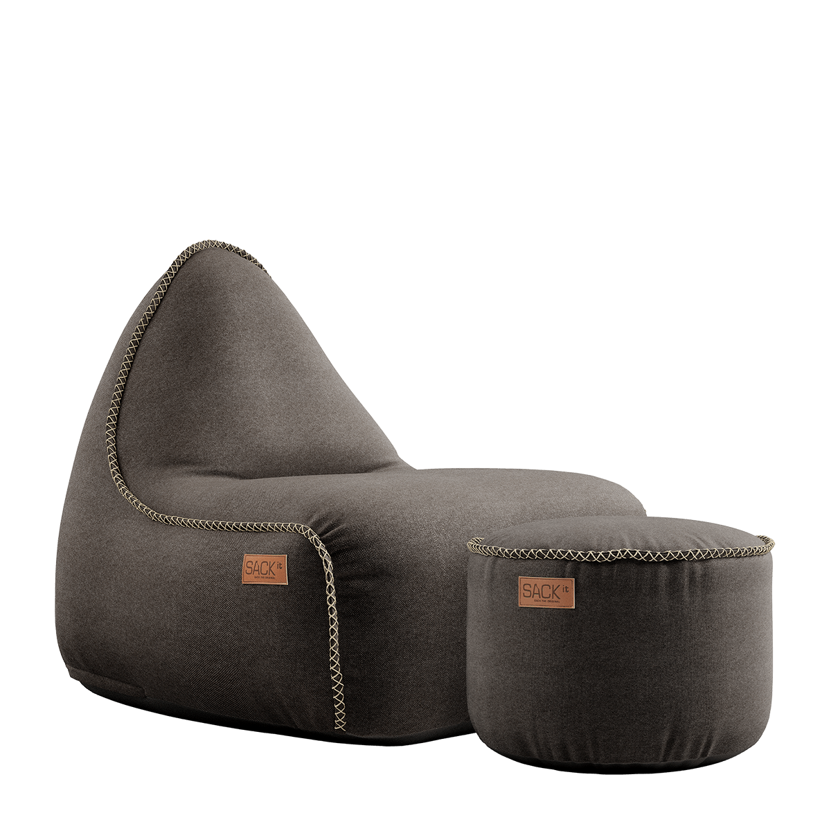 Brauner Canvas Lounge Chair mit passendem Pouf aus formstabilem Polsterstoff, modernes Design. | Canvas Lounge Chair & Pouf - Canvas Brown | SACKit
