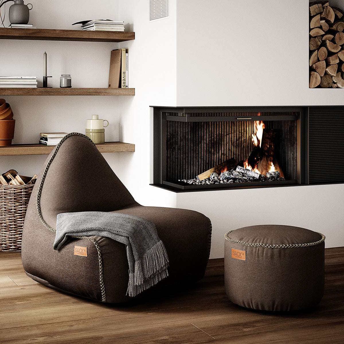 Canvas Lounge Chair und Pouf in petrolfarbenem Canvas mit handgenähten Stichen, formstabil und scheuerbeständig
