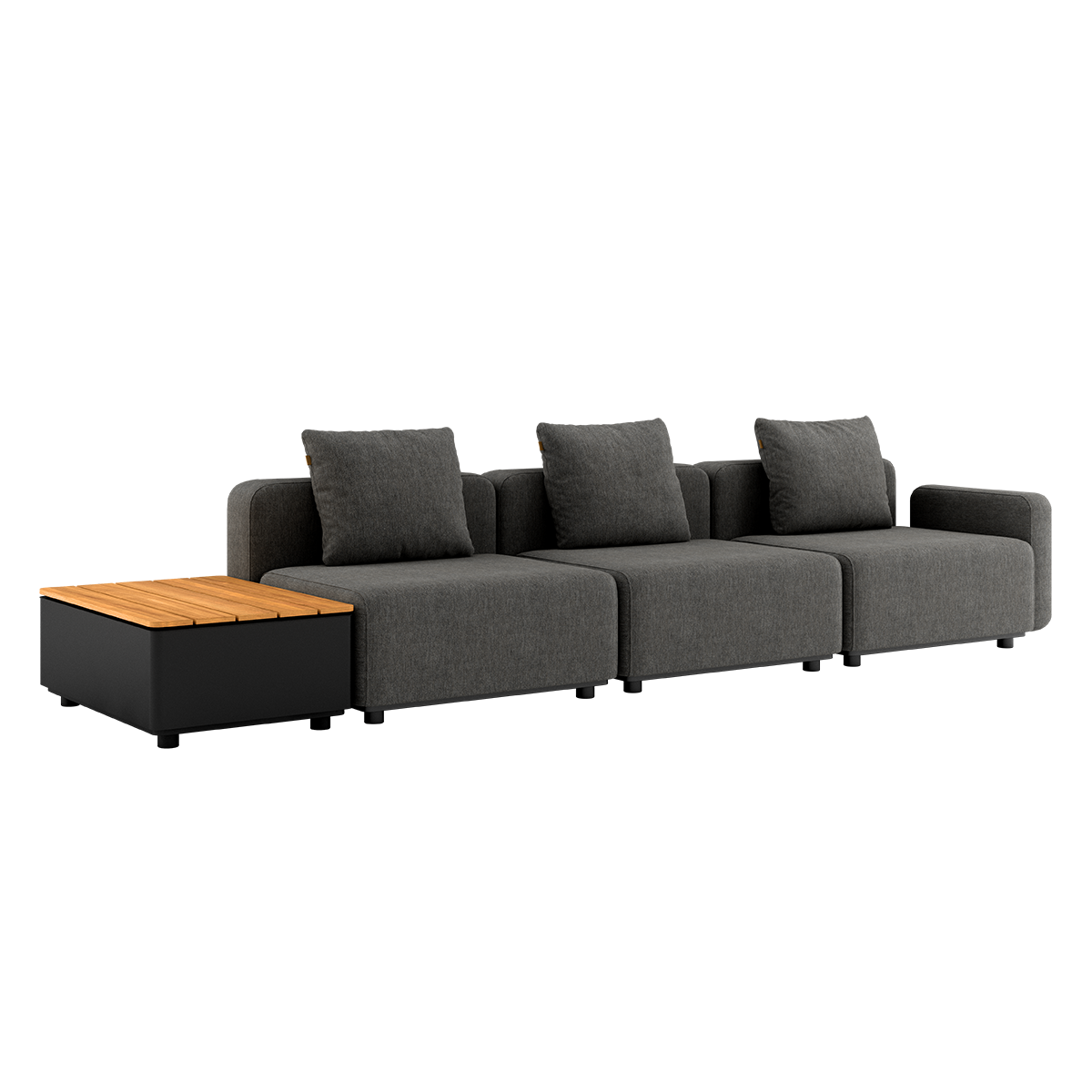 Dunkelgraues modulares Outdoor Sofa von sackit mit drei Sitzplätzen und Kissen sowie seitlichem Tisch aus Teakholz als praktische Ablage