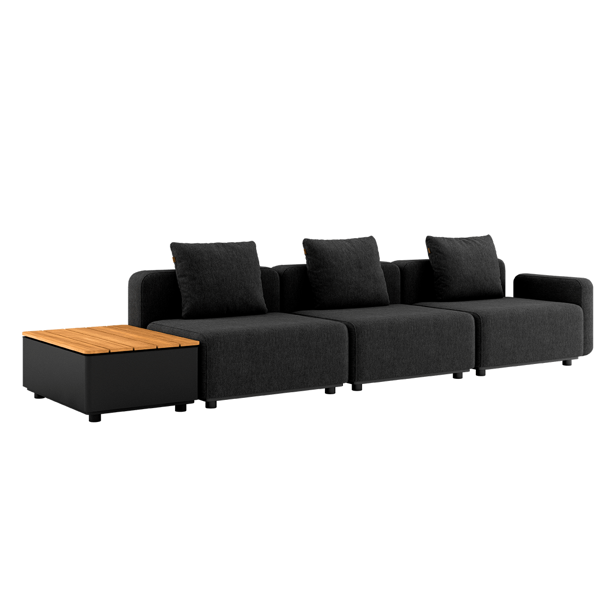 Schwarzes Cobana Lounge Sofa mit drei Sitzelementen und Patio Storage Table aus Aluminium und Teakholz. | Cobana Lounge Sofa - 3 seater w/ Patio Storage Table - Cobana Black Ohne Hocker | SACKit