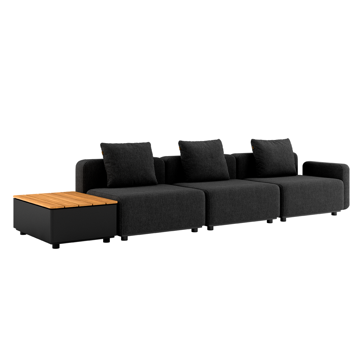Schwarzes modulares Outdoor Sofa für drei Personen mit drei Rückenkissen und seitlichem Teakholz Beistelltisch im skandinavischen Design von sackit