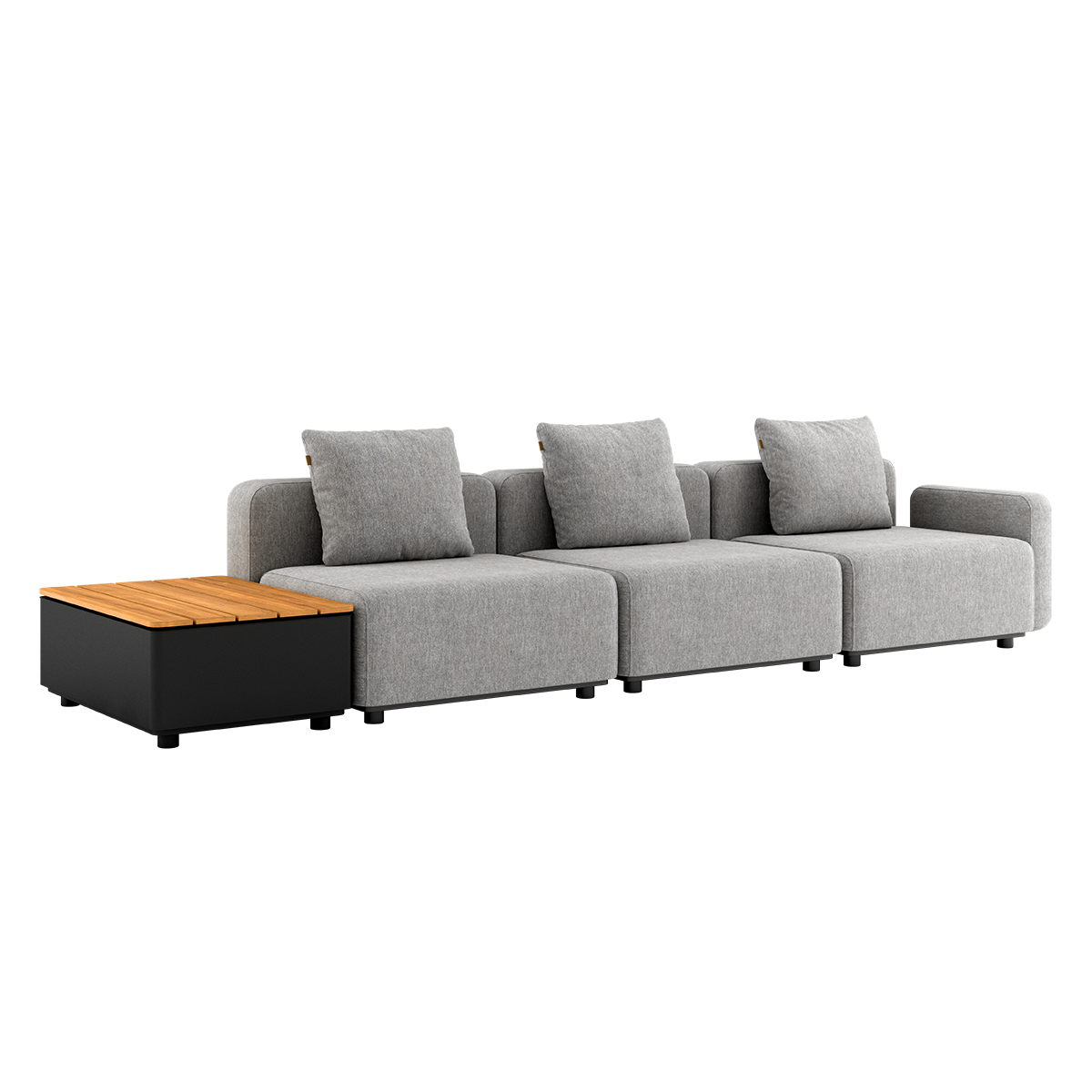 Graues modulares Outdoor Sofa von sackit mit drei Sitzplätzen und passendem Patio Beistelltisch aus Teakholz sowie weichen Kissen in skandinavischem Design