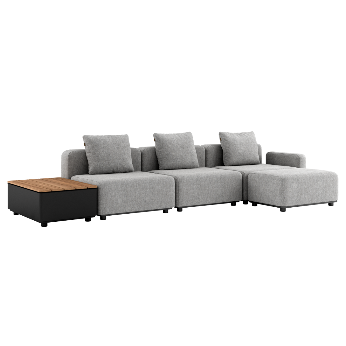 Graues modulares Outdoor Sofa von sackit mit drei Sitzplätzen und schwarzem Beistelltisch mit Teakholzplatte sowie drei Rückenkissen