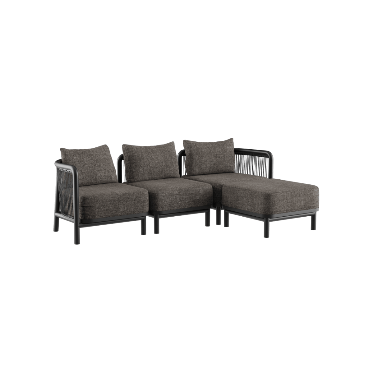 Kirra Lounge Sofa 3 - Sitzer in Kirra Noir mit Hocker, pulverbeschichteter Aluminiumrahmen und Olefin - Textil | Kirra Lounge Sofa - 3 seater - Kirra Noir Mit Hocker | SACKit