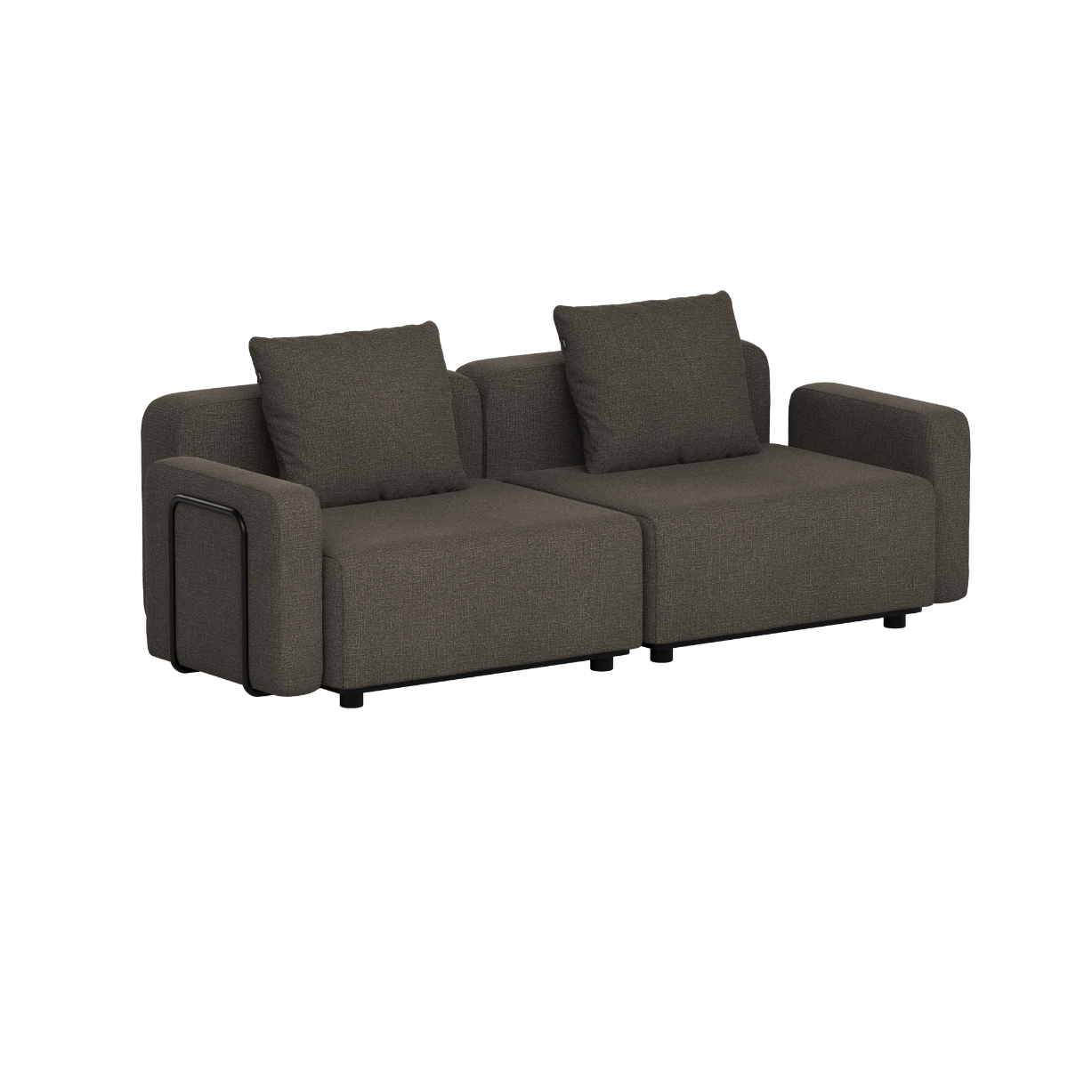 Dunkelgraues modulares Outdoor Sofa für zwei Personen mit klaren skandinavischen Linien und zwei Kissen von sackit für Garten Terrasse und Balkon