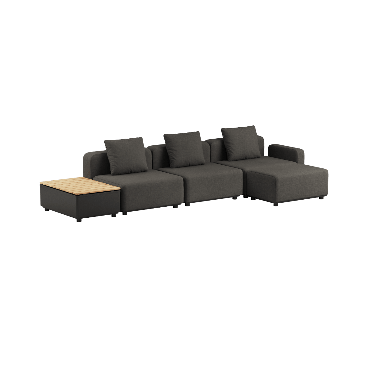 Dunkelgraues Cobana Lounge Sofa mit Armlehnen, Hocker und Patio Storage Table aus Aluminium. | Cobana Lounge Sofa - 3 seater w/ Patio Storage Table - Kirra Noir Mit Armlehnen Mit Hocker | SACKit