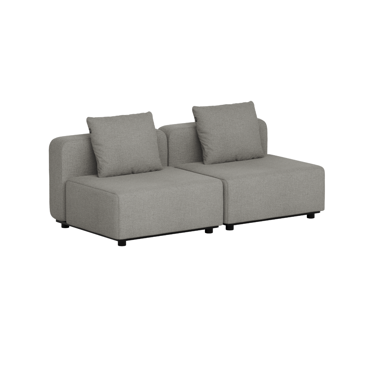 Graues zweisitziges Outdoor Sofa von sackit mit klaren skandinavischen Linien und zwei Rückenkissen für Garten Terrasse oder Balkon