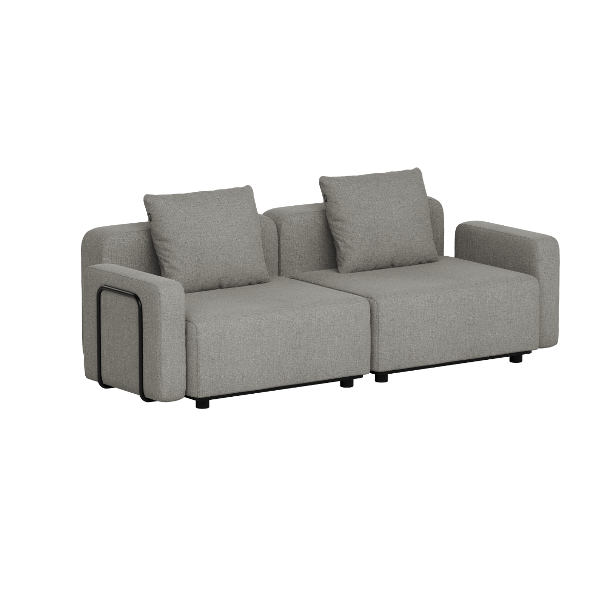 Graues modulares Outdoor Sofa für zwei Personen mit klaren skandinavischen Linien und weichen Rückenkissen von sackit für Garten und Terrasse