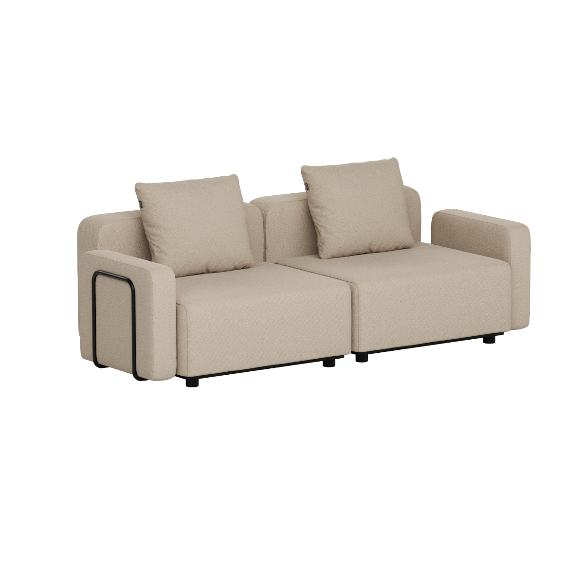 Beiges modulares Loungesofa für zwei Personen mit klaren skandinavischen Linien und weichen Kissen von sackit für Garten Terrasse und Balkon
