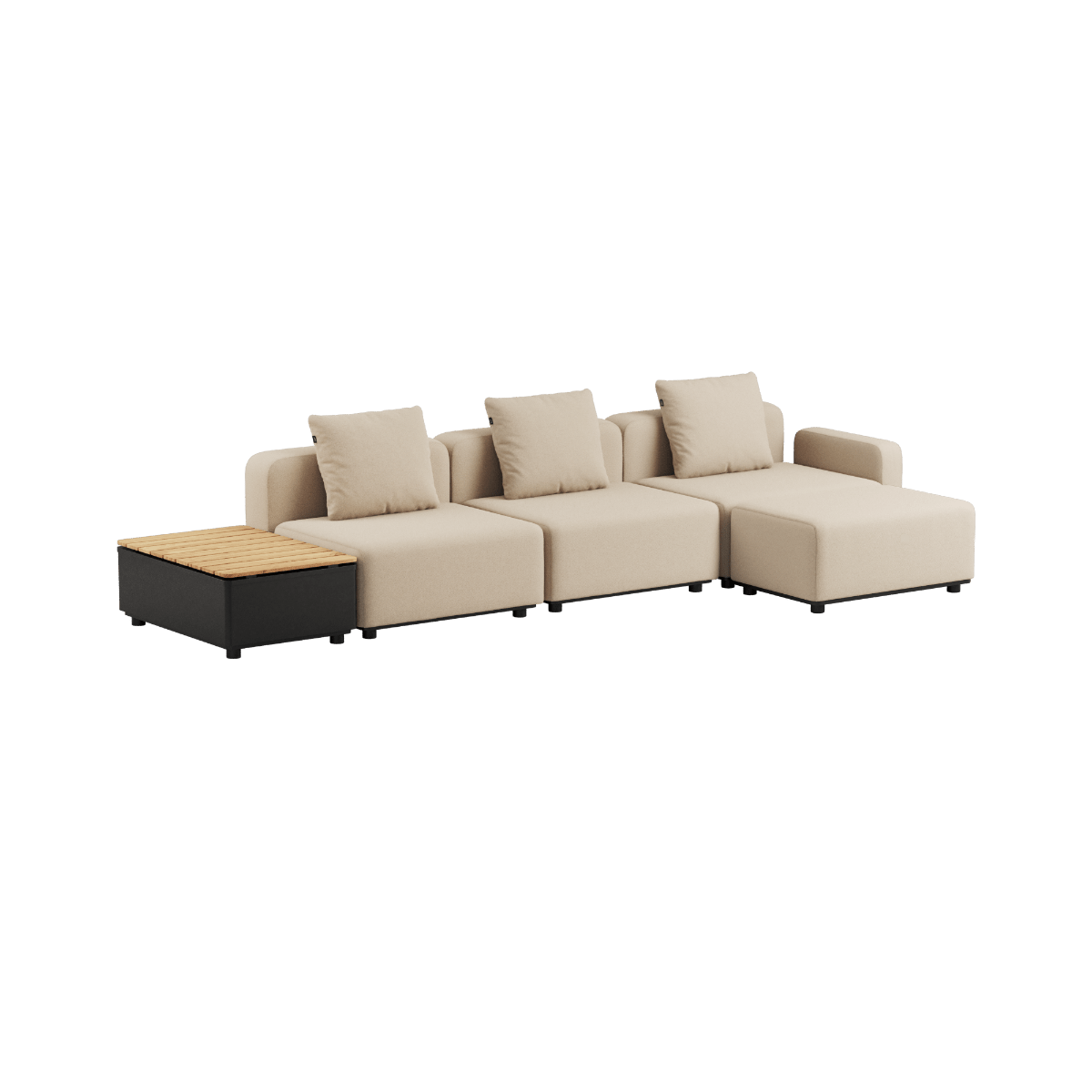 Dreisitziges Cobana Lounge Sofa in Bouclé Beige mit Armlehnen, Hocker und Patio Storage Table aus Aluminium und Teakholz | Cobana Lounge Sofa - 3 seater w/ Patio Storage Table - Boucle Beige Mit Armlehnen Mit Hocker | SACKit