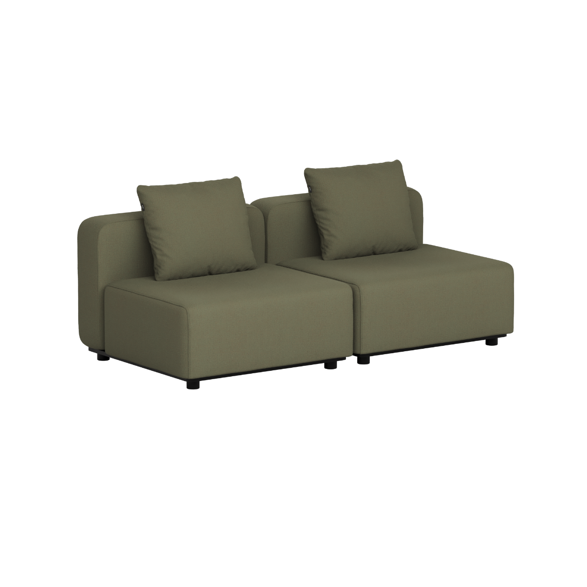 Modulares zweisitziges Outdoor Sofa in olivgrauem Stoff mit zwei Rückenkissen und klaren skandinavischen Linien von sackit
