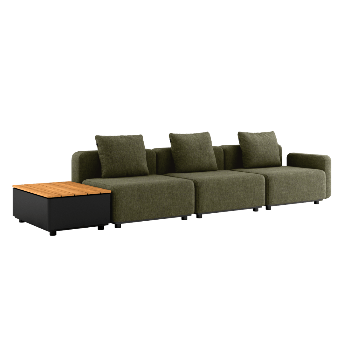 Dreisitziges Cobana Lounge Sofa in Kirra Olive mit Patio Storage Table ohne Hocker, modernes Outdoor - Design | Cobana Lounge Sofa - 3 seater w/ Patio Storage Table - Kirra Olive Ohne Hocker | SACKit