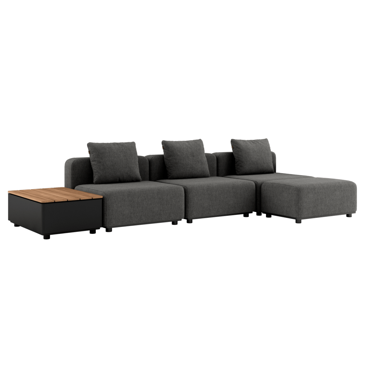 Cobana Lounge Sofa 3 - Sitzer in Cobana Grey ohne Armlehnen mit Hocker und Patio Storage Table aus Aluminium und Teakholz | Cobana Lounge Sofa - 3 seater w/ Patio Storage Table - Cobana Grey Ohne Armlehnen Mit Hocker | SACKit