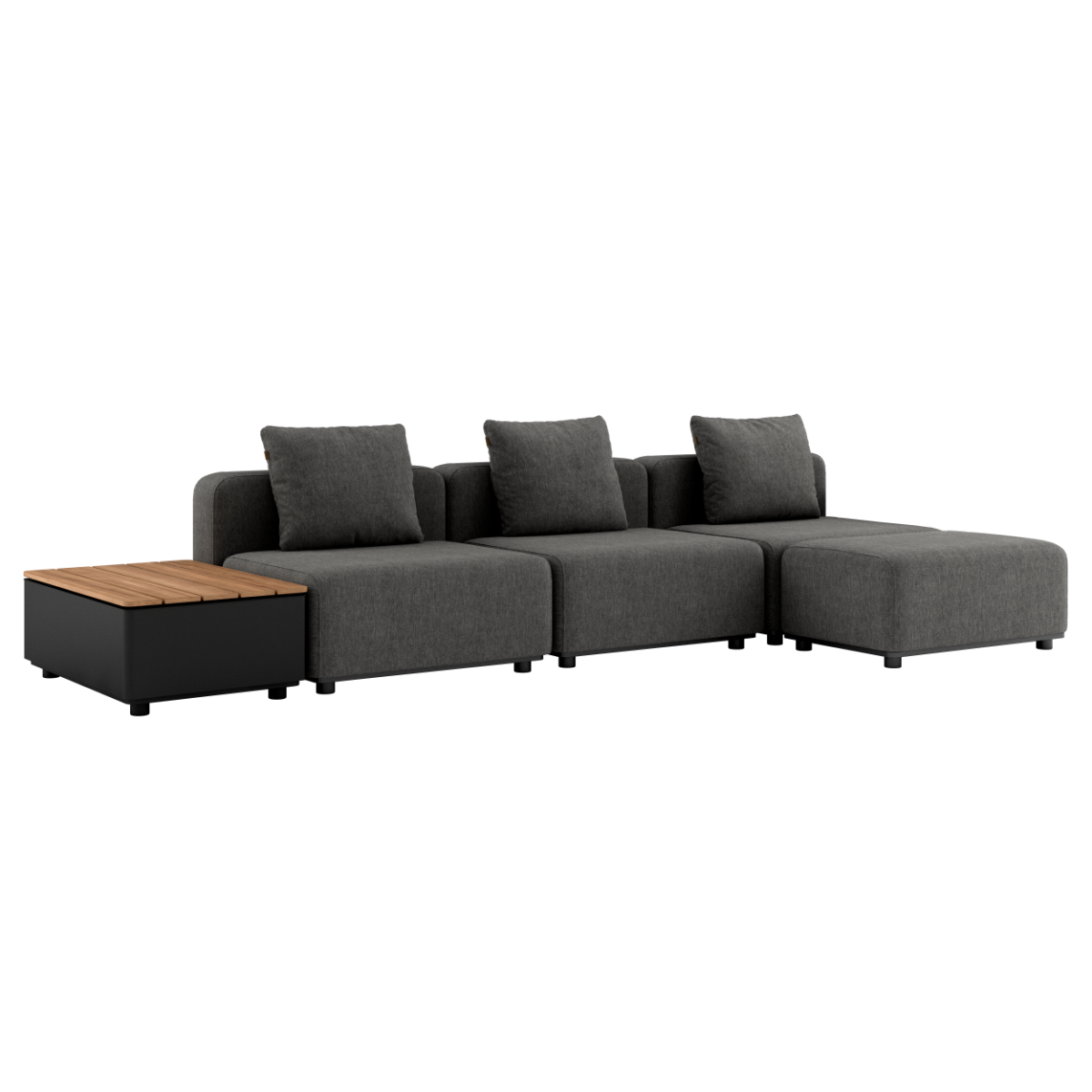 Modulares dunkelgraues Outdoor Sofa mit drei Sitzplätzen und seitlichem Beistelltisch mit Teakholzplatte von sackit für stilvolle nordische Außenbereiche