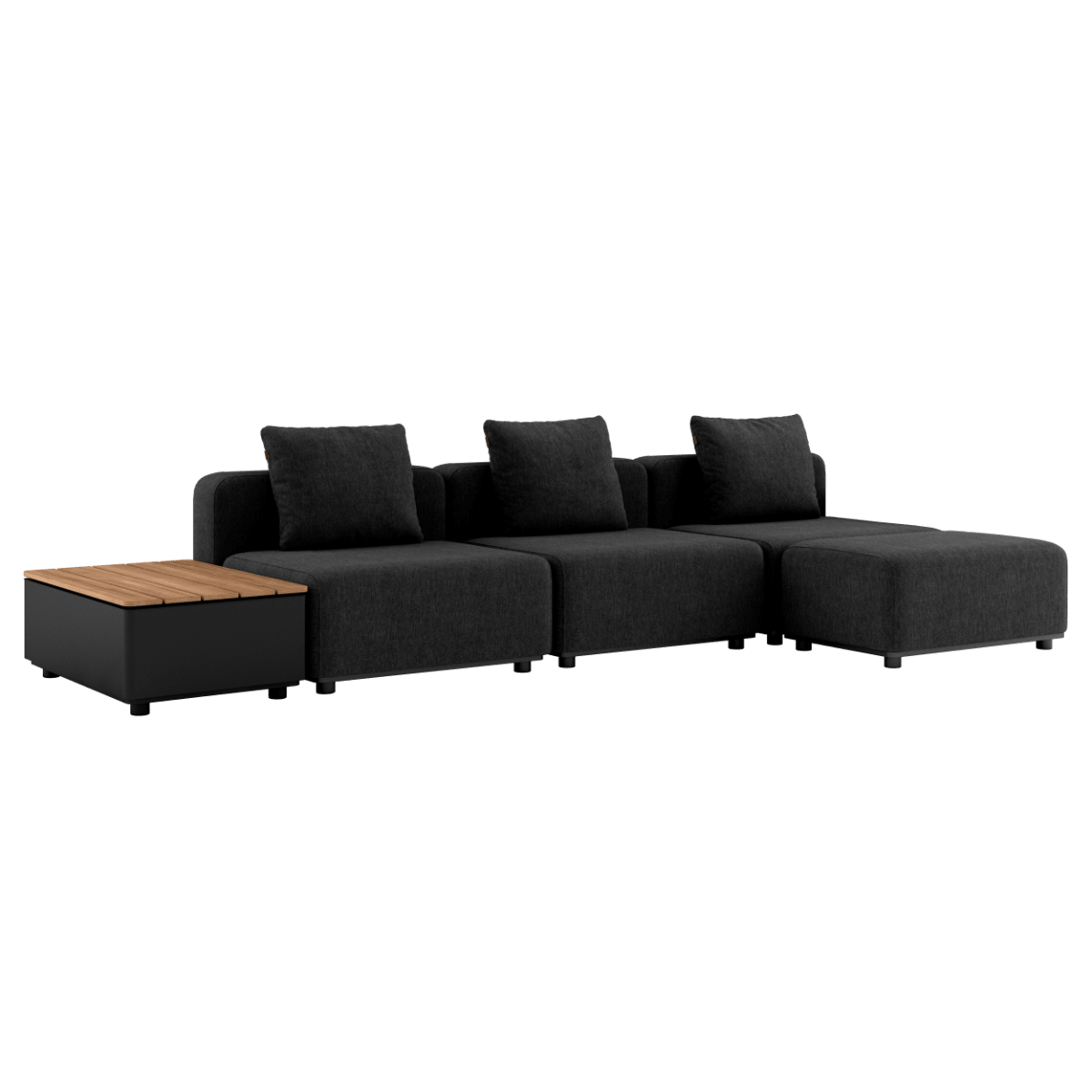Schwarzes Cobana Lounge Sofa mit drei Sitzelementen und Hocker, ohne Armlehnen, modernes Outdoor - Design. | Cobana Lounge Sofa - 3 seater w/ Patio Storage Table - Cobana Black Ohne Armlehnen Mit Hocker | SACKit