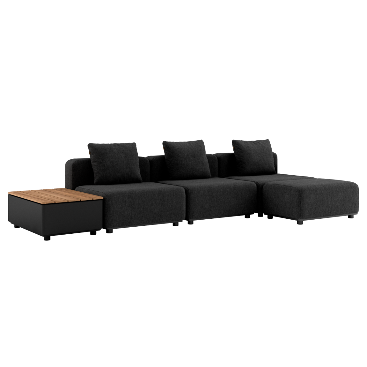 Schwarzes modulares Outdoor Sofa von sackit mit drei Sitzplätzen weichen Rückenkissen und seitlichem Stauraumtisch aus Teakholz für Garten und Balkon