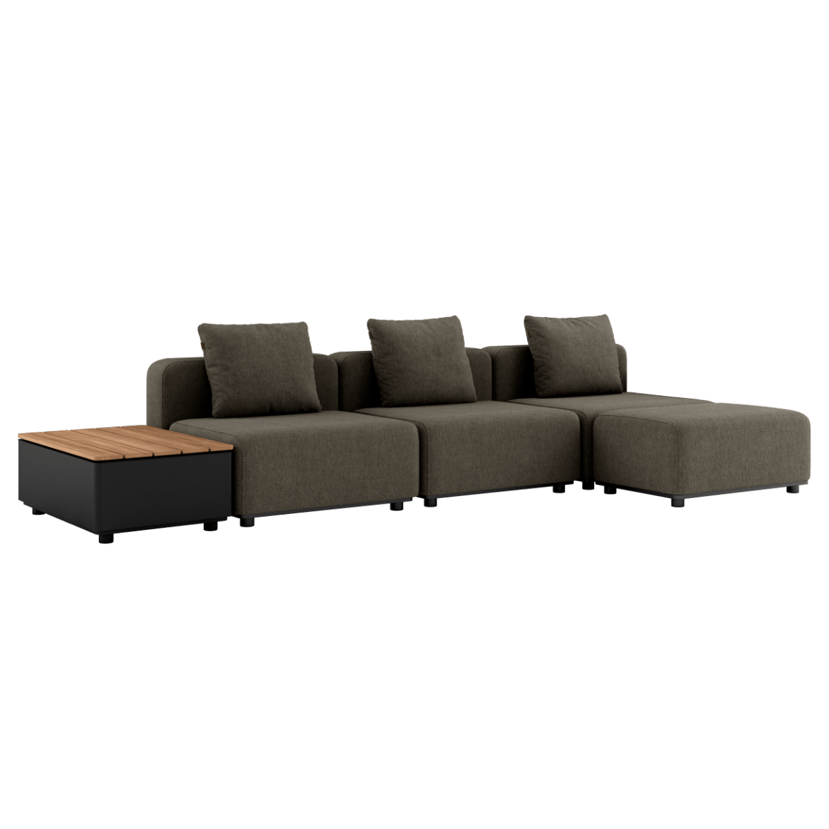Braunes Cobana Lounge Sofa mit drei Sitzelementen, Hocker und Patio Storage Table aus Aluminium und Teakholz | Cobana Lounge Sofa - 3 seater w/ Patio Storage Table - Cobana Brown Ohne Armlehnen Mit Hocker | SACKit