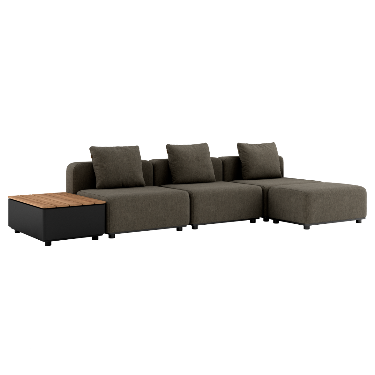 Dunkelgraues dreisitziges Outdoor Sofa mit drei Rückenkissen und seitlichem Aufbewahrungstisch aus Holz für Terrasse und Garten