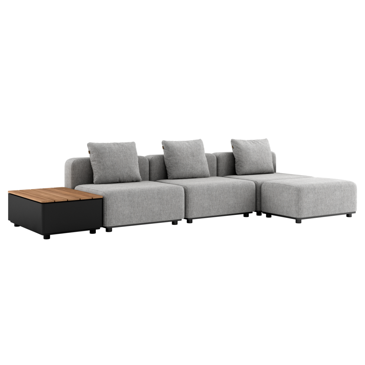 Graues modulares Outdoor Sofa von sackit mit drei Sitzplätzen und drei Kissen sowie schwarzem Beistelltisch mit Holzplatte und Stauraum für Terrasse und Garten