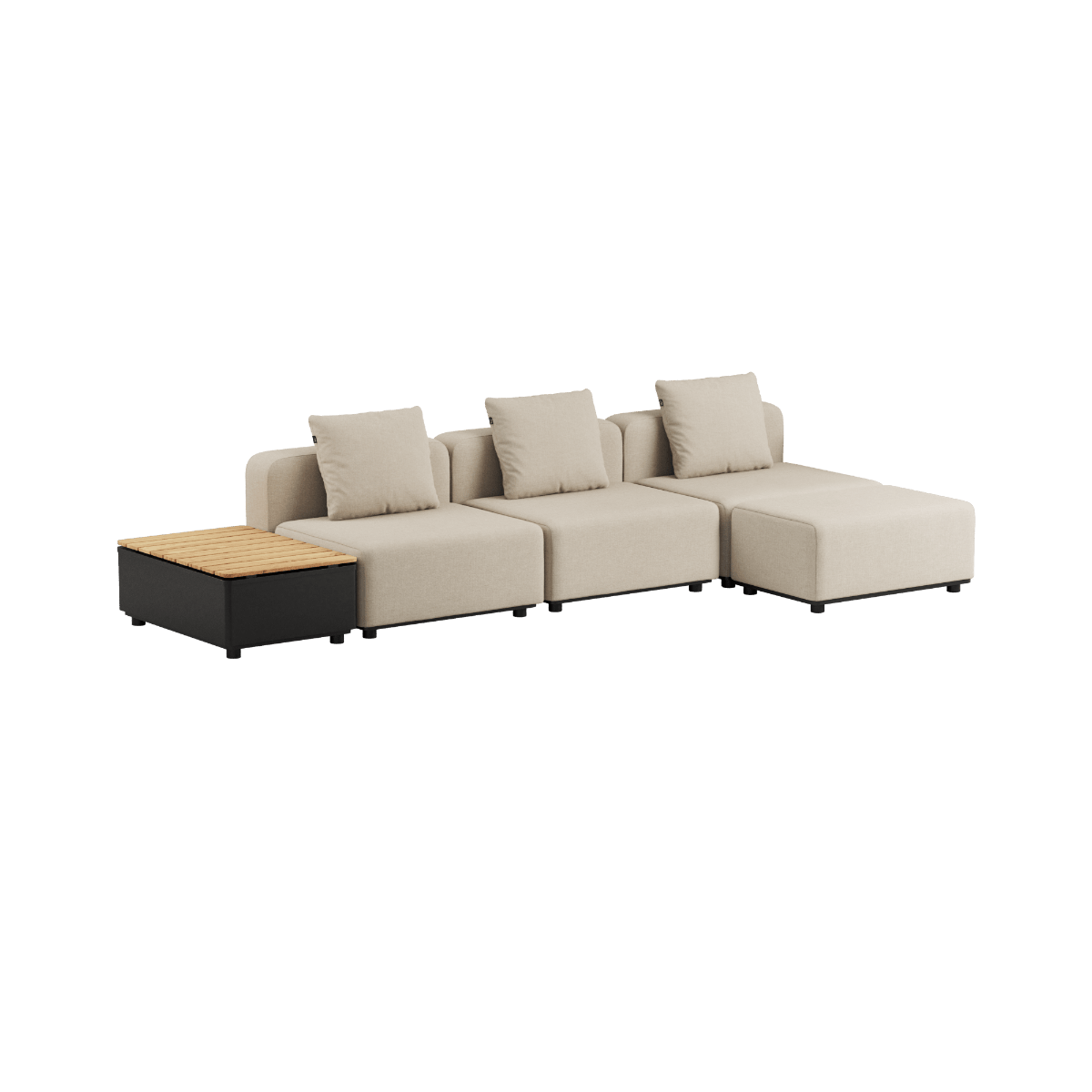 Dreisitziges Cobana Lounge Sofa in Kirra Sand ohne Armlehnen mit Hocker und Patio Storage Table aus Aluminium und Teakholz | Cobana Lounge Sofa - 3 seater w/ Patio Storage Table - Kirra Sand Ohne Armlehnen Mit Hocker | SACKit